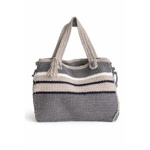 Handmade Crochet Striped Tote Bag Grey‎ Cream Black Tassel Shoulder Bag